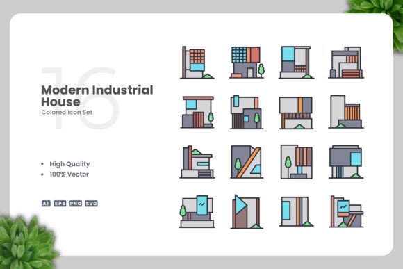 Modern Industrial House Colored Icons Graphics Review