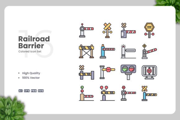 Railroad Barrier Colored Icons Graphics Review